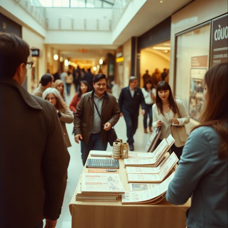 Brand table in a busy shopping concourse