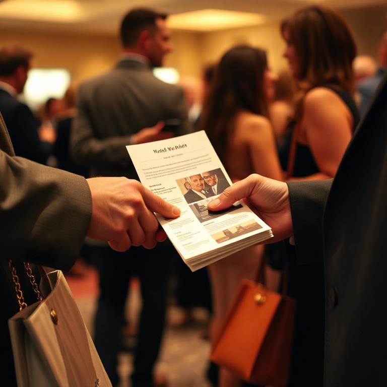 Brochure passed between two people at an event
