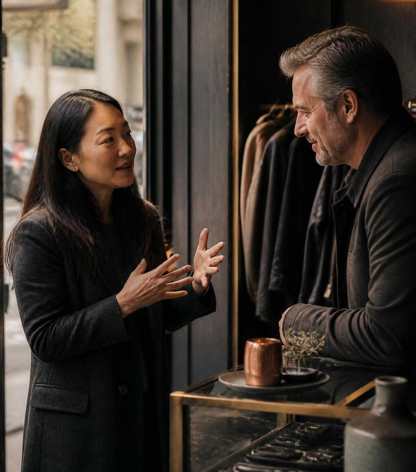 Two people in conversation at a retail storefront